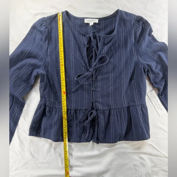 KIRIOUS LA Navy Pinstripe Tie Front Peplum Blouse Boho Cottagecore Top M NWT - Picture 9 of 11